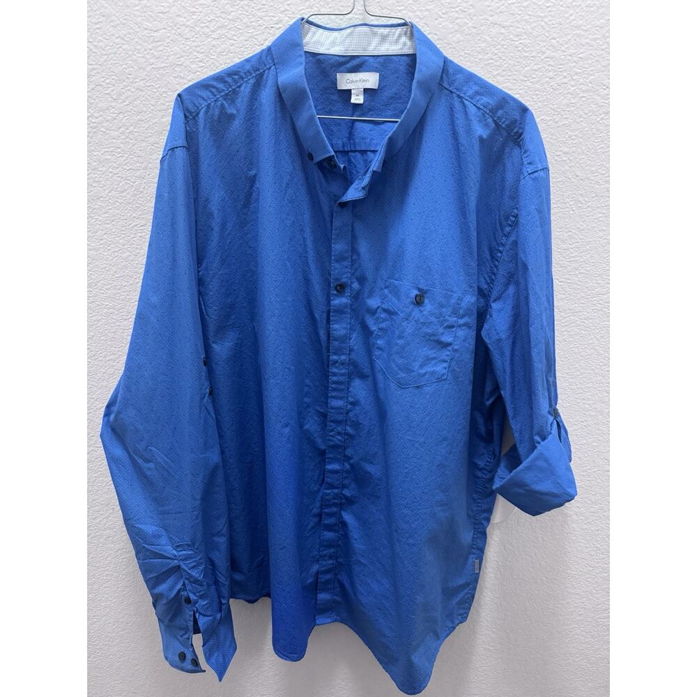 Calvin Klein Men's XXL Blue Polka Dot Cotton Button-Up Long Sleeve Shirt - 1048